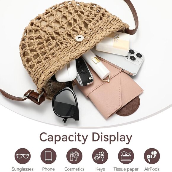 Versatile Women's Summer Straw Purse - Hand-Woven with Secure Closure, 9.8 In - Picture 4 of 6